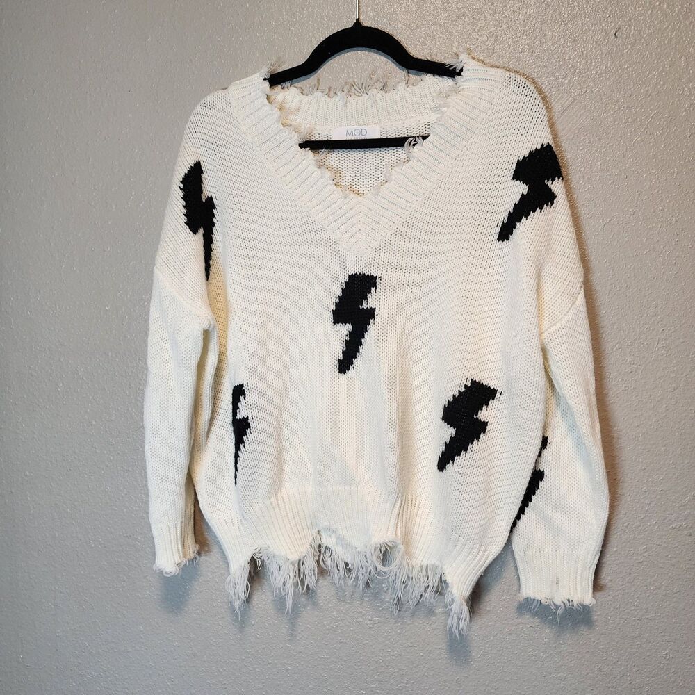 MOD On Trend Cream Black Lightning Bolt Distressed Frayed V Neck Sweater